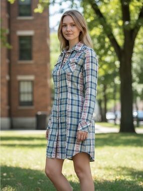 Guess Plaid Button-Front Shirt Dress in Blue and Cream with Embellishment